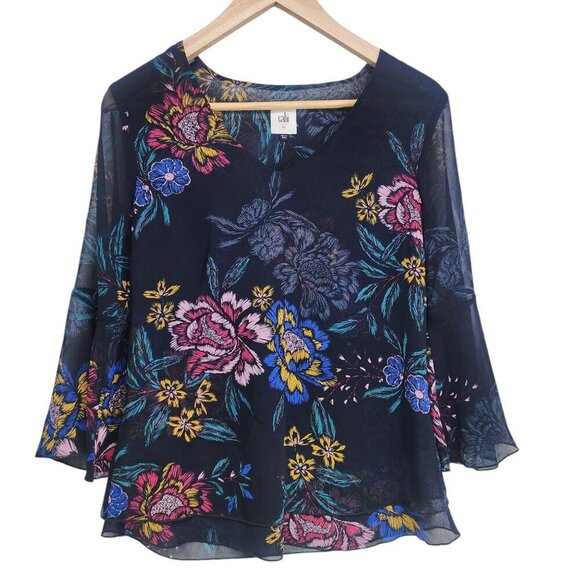 CAbi 3506 Olivia Blouse Top Women's Size XS Blue Floral - Picture 2 of 9